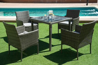 Mesa Cuadrada + 4 Sillas de Ratan PE. Muebles de Jardin y Terraza