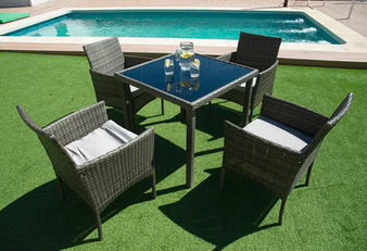 Mesa Cuadrada + 4 Sillas de Ratan PE. Muebles de Jardin y Terraza